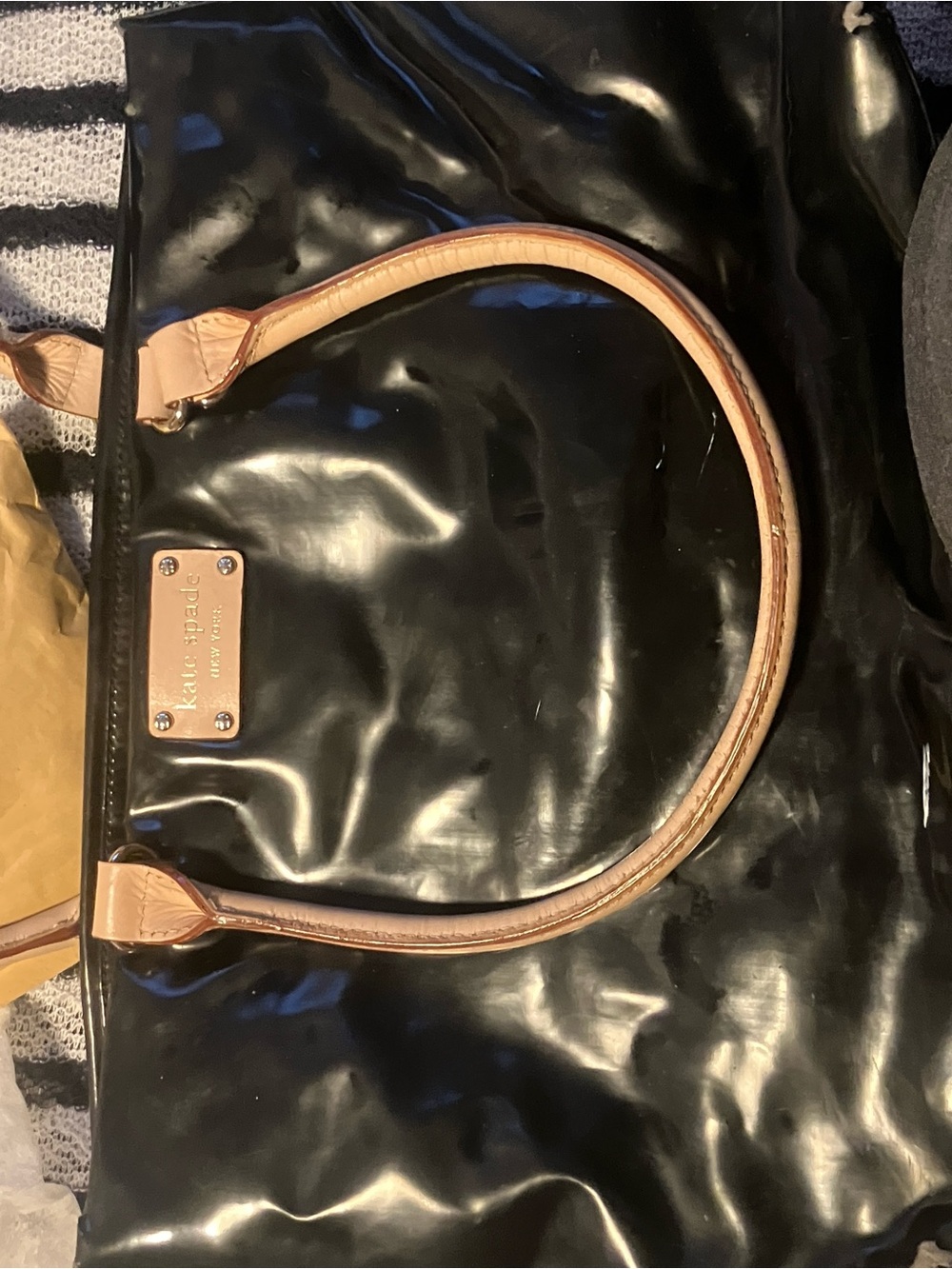 Kate Spade black patent leather straps tote / handbag 9.75”x14”x7.5